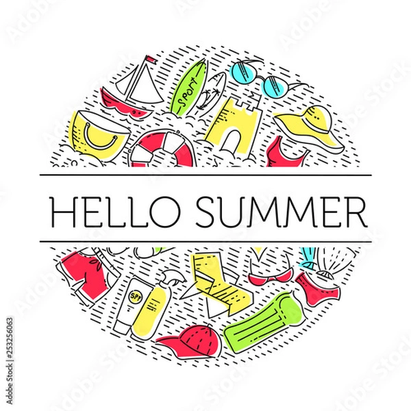 Fototapeta Design elements of Vacation at sea. Outline icon with elements for mobile concepts and web apps. Line and flat style icon. Vector sign