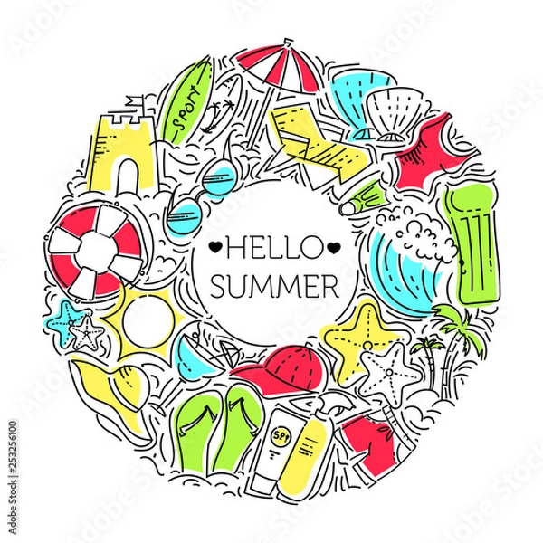 Fototapeta Design elements of Vacation at sea. Outline icon with elements for mobile concepts and web apps. Line and flat style icon. Vector sign