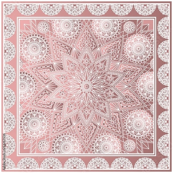 Fototapeta Beautiful square kerchief design with mandala pattern. Fashion print in dusty rose colors.