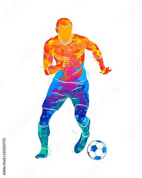 Obraz Abstract professional soccer player quick shooting a ball from splash of watercolors