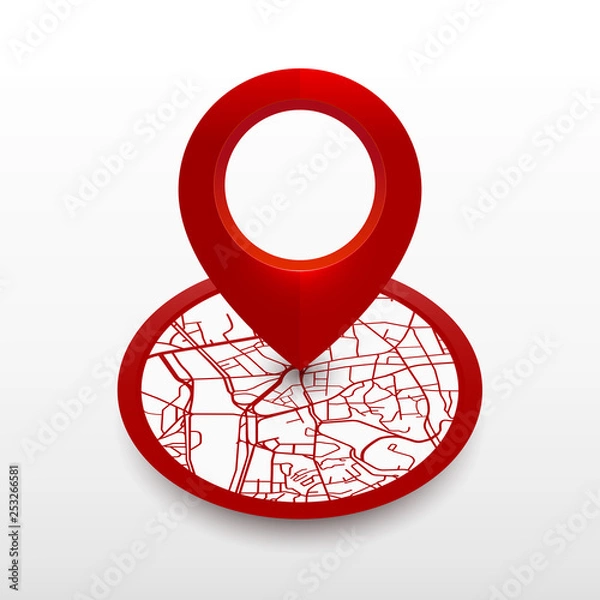 Fototapeta Isometric location pin with city map. icon design redcolor on white background