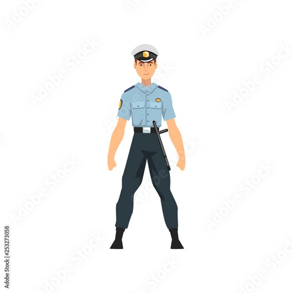 Obraz Security Police Officer, Professional Policeman Character in Blue Uniform Vector Illustration
