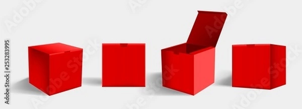 Fototapeta Set of realistic square cardboard packaging, paper boxes. High red cardboard box mockup