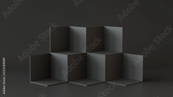 Obraz Black cube boxes with dark wall background. 3D rendering.