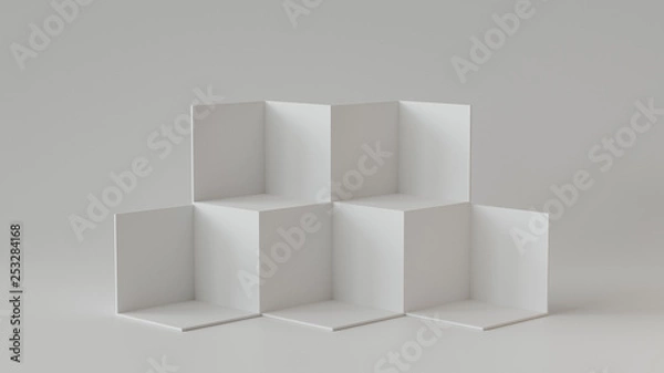 Obraz White cube boxes with white blank wall background. 3D rendering.
