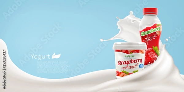 Obraz Whole milk yogurt bottle and jar vector design with strawberry berries, commercial vector meal advertising branding ready mock-up realistic illustration