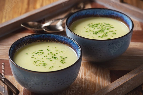 Fototapeta Leek and potato cream soup with cheese.