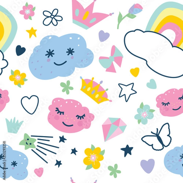 Obraz seamless pattern with decorative elements rainbow, clouds, butterfly,stars,crown,diamond