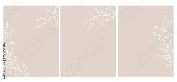 Fototapeta Set of 3 Olive Twigs Vector Illustration. White Sketched Olive Branches Isolated on a Light Brown Background. Simple Elegant Wedding Cards. Floral Hand Drawn Arts. Illustration Without Text.