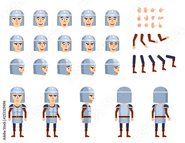 Fototapeta Medieval knight in armor creation set. Various gestures, emotions, diverse poses, views. Create your own pose, animation. Flat style vector illustration