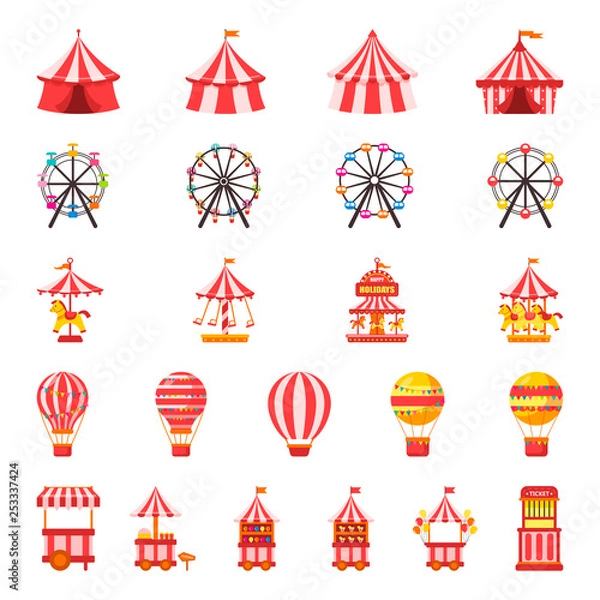 Fototapeta Carnival set. Amusement park. Vector illustration on white isolated background