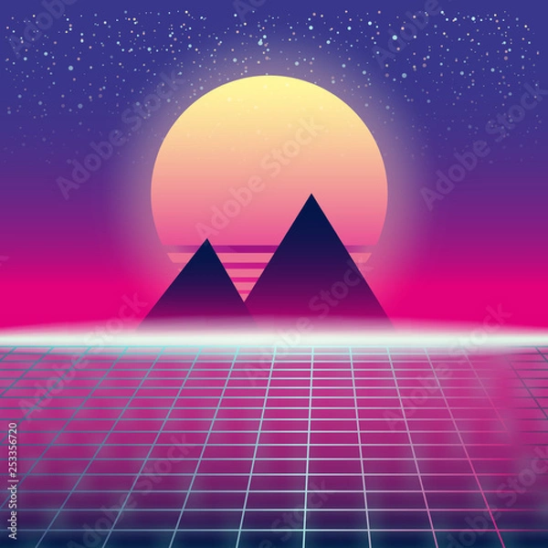 Fototapeta Synthwave Retro Futuristic Landscape With Pyramids Sun And Styled Laser Grid. Neon Retrowave Design And Elements Sci-fi 80s 90s Space. Vector Illustration Template Isolated Background