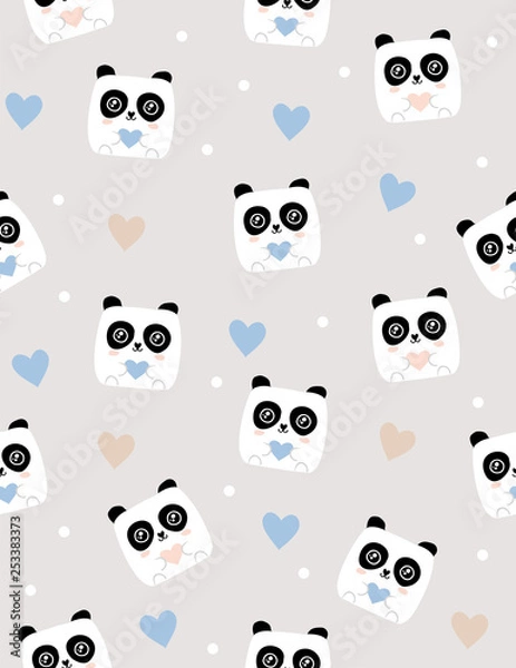 Obraz Cute Panda Bear Vector Pattern. White Pandas on a Light Gray Background. Beige and Blue Hearts Among Bears. Simple Kawaii Style Design. Lovely Infantile Nursery Art. Funny White Bears Illustration.