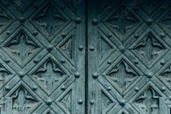 Obraz Green wooden doors texture with gothic elements