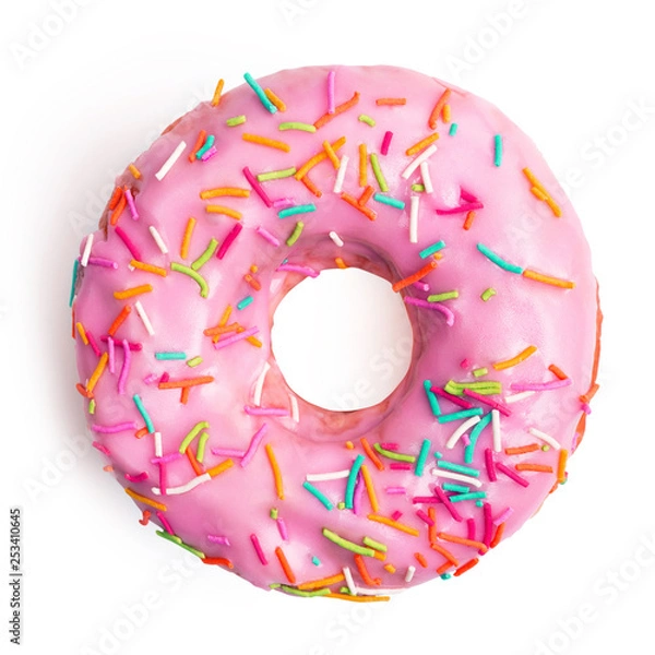 Obraz Flat lay pink donut decorated with colorful sprinkles isolated on white background. Sweet donut on white. Top view