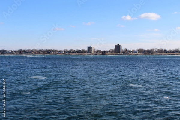 Fototapeta Detroit River in winter with Windsor, Canada in background