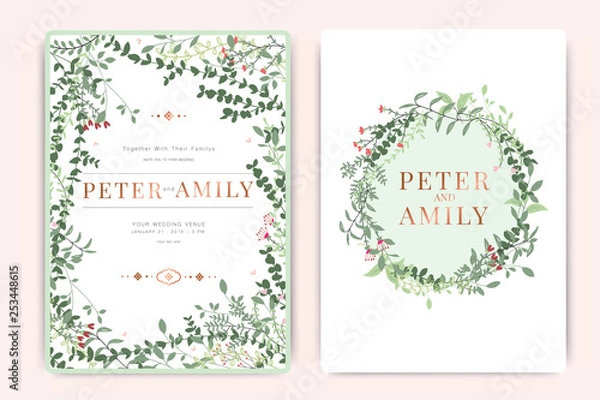 Fototapeta Wedding Invitation, floral invite thank you, rsvp modern card Design in summer leaf greenery  branches decorative Vector elegant rustic template