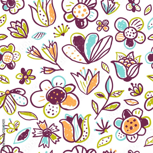 Fototapeta Vector floral seamless pattern in doodle style on a white background. Useful for textile print, page fill, wrapping paper, web design