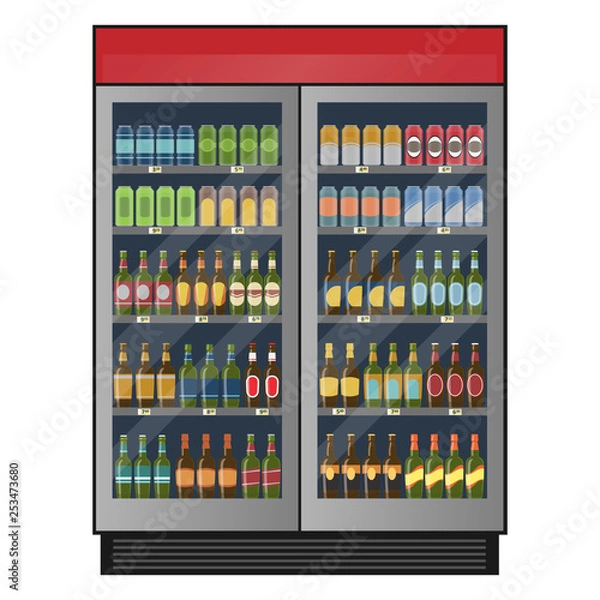 Fototapeta Industrial refrigerator with beer isolated on white background.