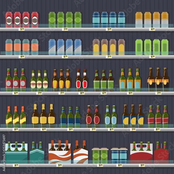 Fototapeta Beer in cans and bottles, standing on the shelf.