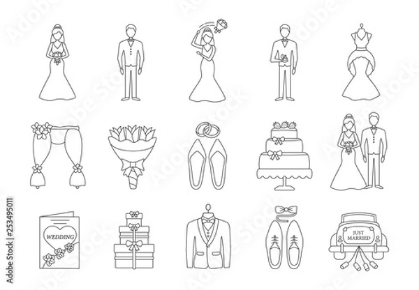Fototapeta Wedding planning linear icons set