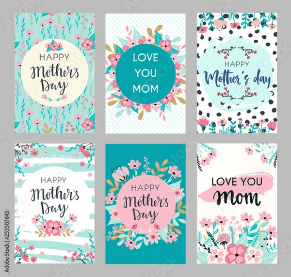 Fototapeta Set of Mothers day greeting cards. Collection of textured delicate Happy Mother's day greeting cards with flowers and wreaths