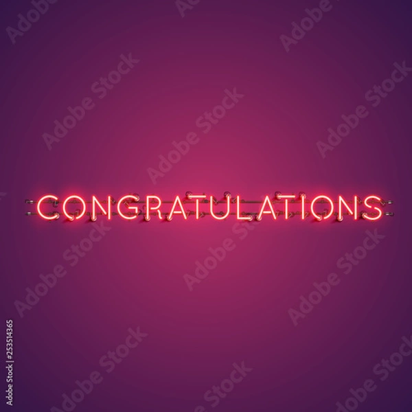 Fototapeta Neon realistic word 'CONGRATULATIONS' for advertising, vector illustration