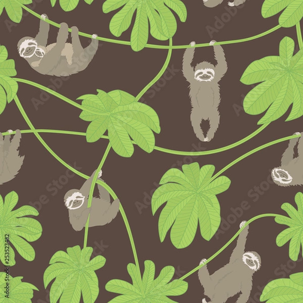 Obraz Sloths and Cecropia Leaves vector seamless repeat pattern