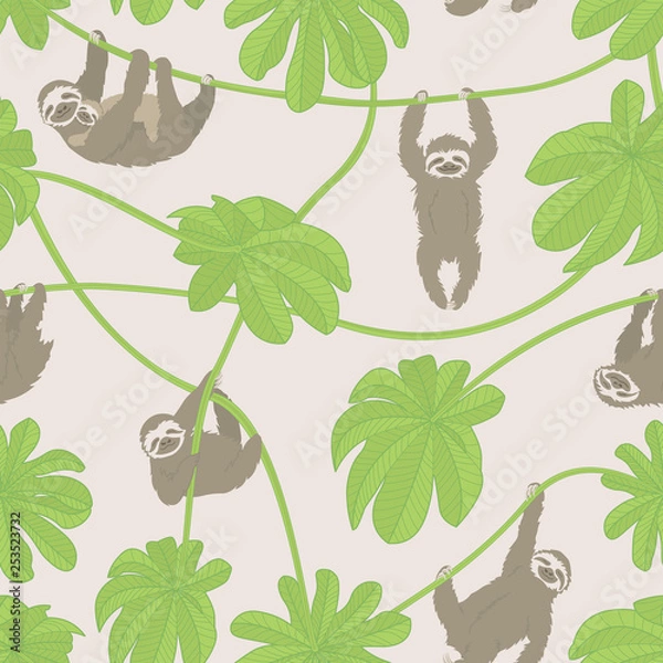 Obraz Sloths and Cecropia Leaves vector seamless repeat pattern