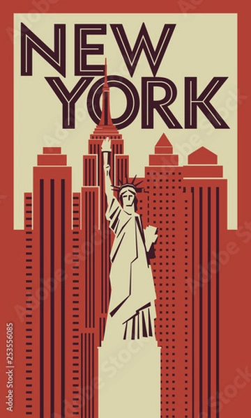 Fototapeta Retro poster New York. Statue of Liberty in the background of skyscrapers. Vector drawing