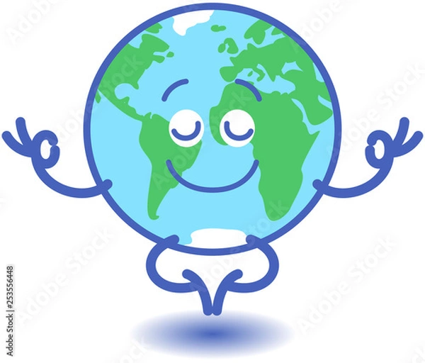 Fototapeta Planet Earth in minimalist cartoon style feeling joyful while keeping in deep meditation. It is doing a Gyan mudra sign with both hands and half-smiling while floating peacefully in half-lotus pose
