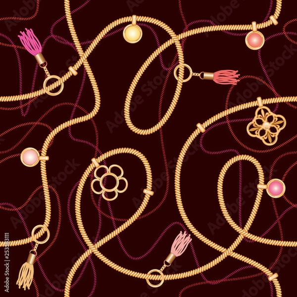 Obraz Seamless pattern with chains, pendant and tassels. Colorful trendy jewelry print for fabric, scarf, cravat design. Deep red color. Vector