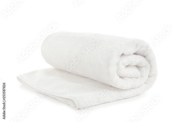 Fototapeta Rolled soft terry towel on white background