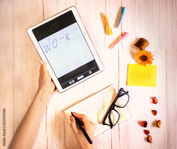 Obraz office Desk with objects notebook and pen