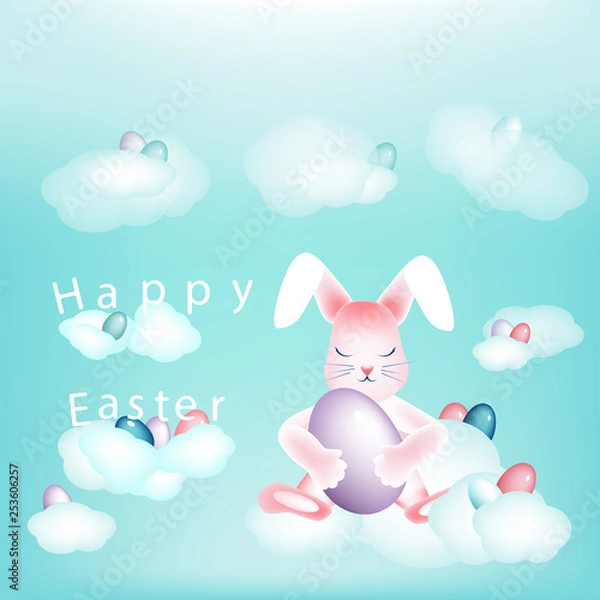 Fototapeta Easter bunny with colorful eggs napping on the clouds