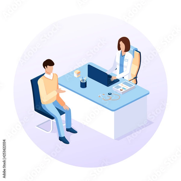 Obraz Doctor and patient concept. Medical consultation and diagnosis. Healthcare. Isometric flat vector illustration.