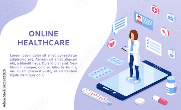 Obraz Online medicine healthcare isometric illustration. Web design vector template. Female doctor on smartphone with medication, symbols and documents. 
