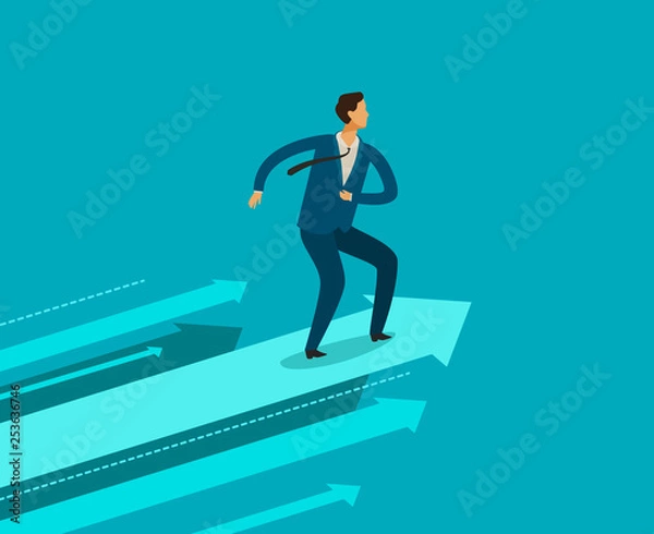 Fototapeta Success in business. Businessman on arrow. Vector illustration