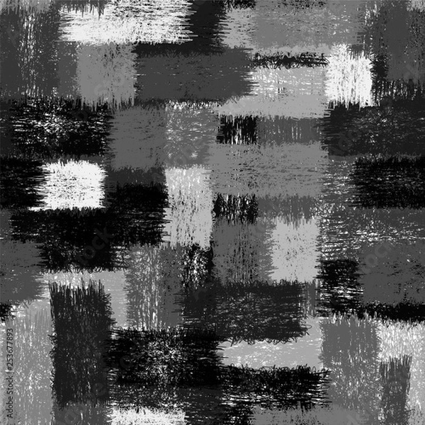 Obraz Seamless black and white pattern with grunge striped intersecting rectangular  elements for plaid,linoleum,upholstery