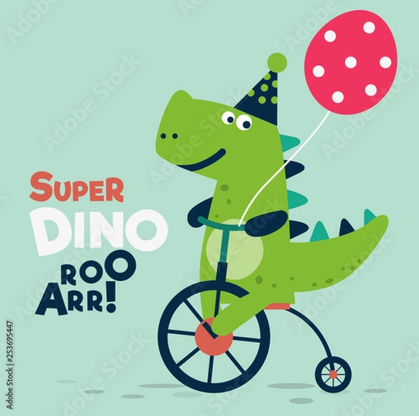 Obraz Wszystkiego najlepszego - piękna karta wektor z zabawnymi dinozaurami jeździ na rowerze. Idealny do dekoracji kartek, zaproszeń, imprez, banerów, przedszkola, przedszkola i pokoju dziecięcego