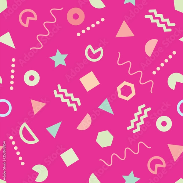 Obraz Vector of seamless repeat pattern with Memphis on pink background. Trendy Memphis style. Pastel geometric different shapes. Design for textile, fabric, decoration, wallpaper, wrapping, scrapbook