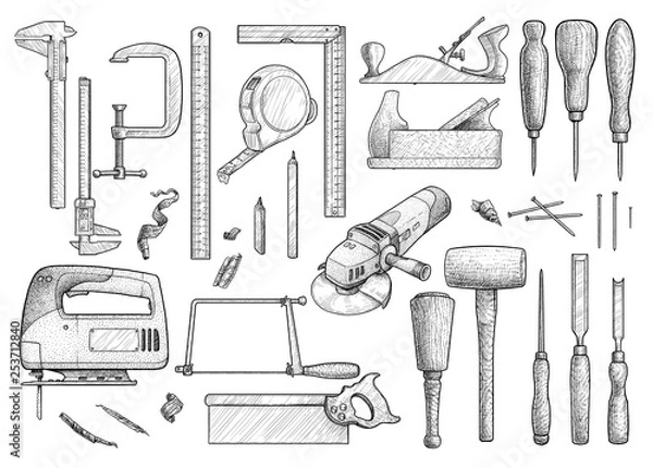 Obraz Carpentry, industrial tool, illustration, drawing, engraving, ink, line art, vector