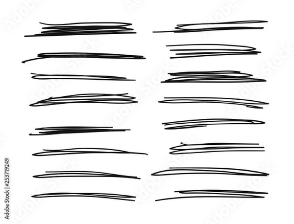 Obraz Hand drawn set of objects for design use. Black Vector doodle crossed out lines on white background.  Abstract pencil drawing stripes. Artistic illustration grunge elements strokes