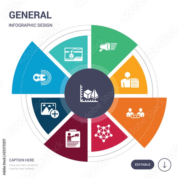 Obraz set of 9 simple general vector icons. contains such as 3d modeling, 3d printing, active sensor, add photos, advertising agency, advertising networks, affiliate link icons and others. editable