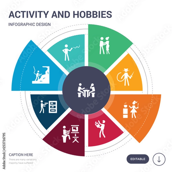 Fototapeta set of 9 simple activity and hobbies vector icons. contains such as checkers, cigarette, climbing, collecting, coloring, comic, cooking icons and others. editable infographics design