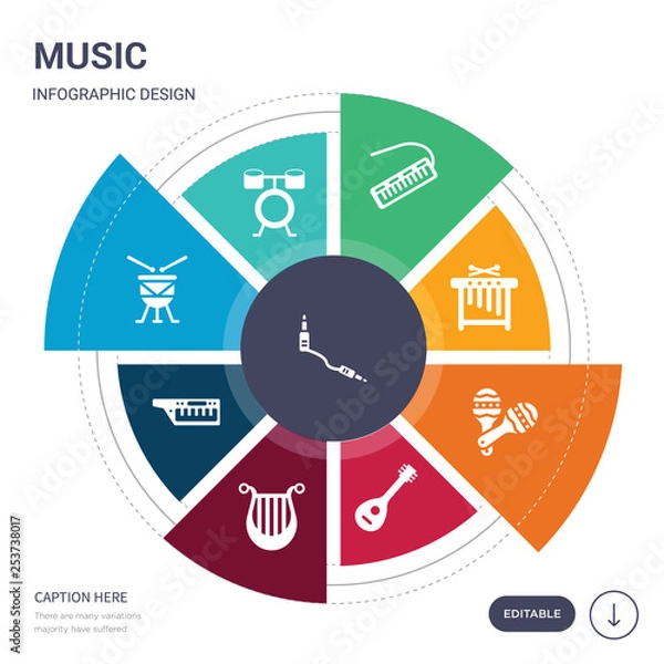 Fototapeta set of 9 simple music vector icons. contains such as jack connector, jazz, kettledrum, keytar, lyre, mandolin, maraca icons and others. editable infographics design