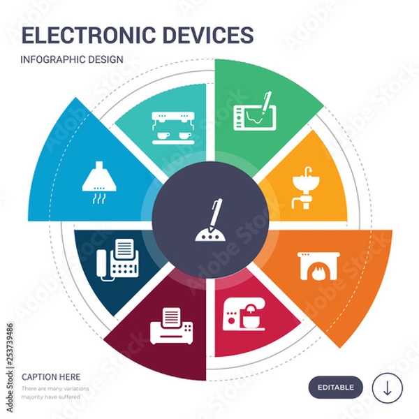 Fototapeta set of 9 simple electronic devices vector icons. contains such as electronic, espresso maker, exhaust hood, fax, fax machine, food processor, furnace icons and others. editable infographics design