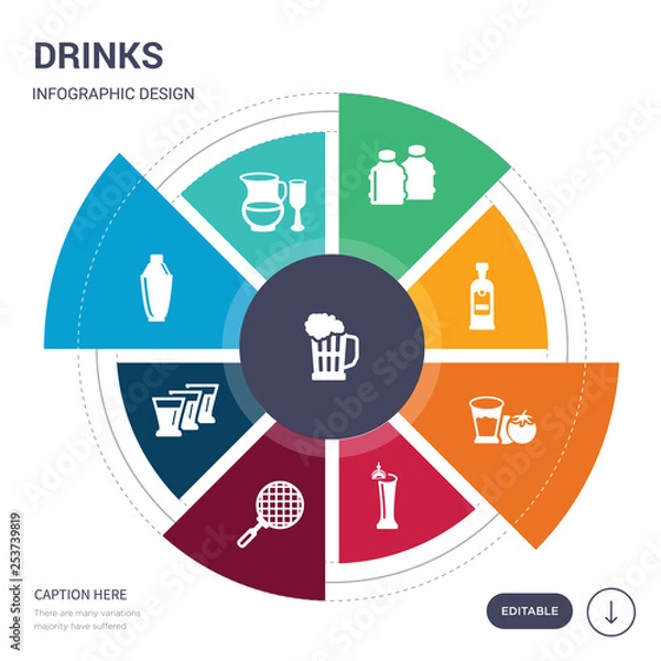 Fototapeta set of 9 simple drinks vector icons. contains such as pub, sangria, shaker, shots, sieve, tequila sunrise, tomato juice icons and others. editable infographics design