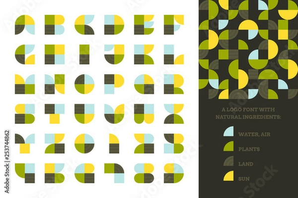 Fototapeta Agronomy logo font with natural elements. Stylized agricultural alphabet with retro capital letters and numbers