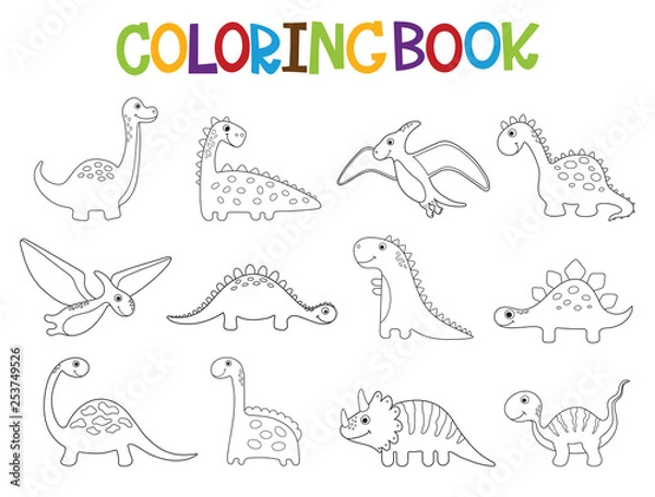 Fototapeta Funny cartoon dinosaurs collection. Coloring book